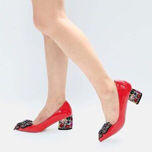 YDN Women Pointed Toe Bow Pump Colorful Rhinestone Block Low Heel Butterfly Slip